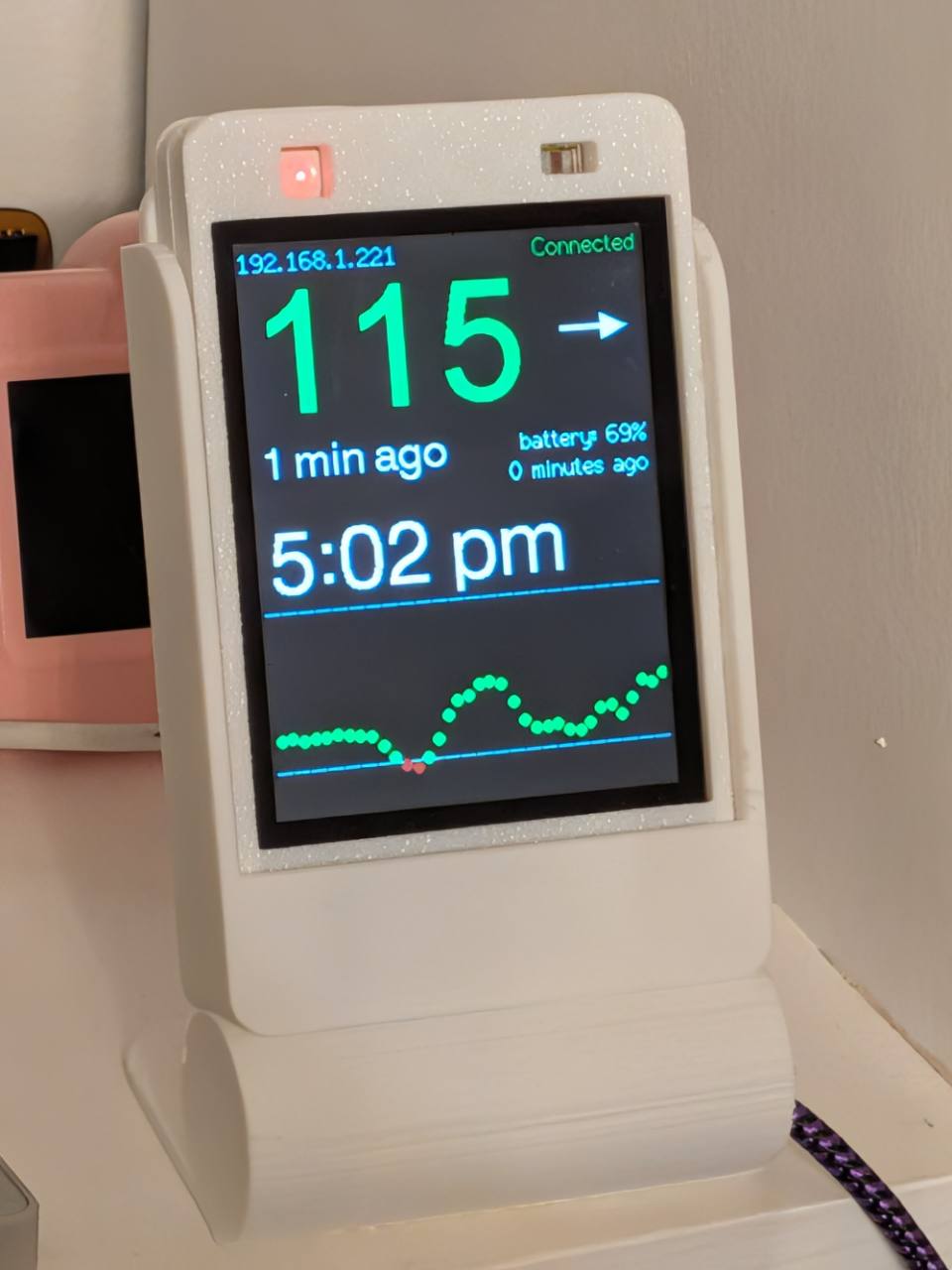 A glucose display in a white enclosure, with a large reading, trend arrow, and a graph